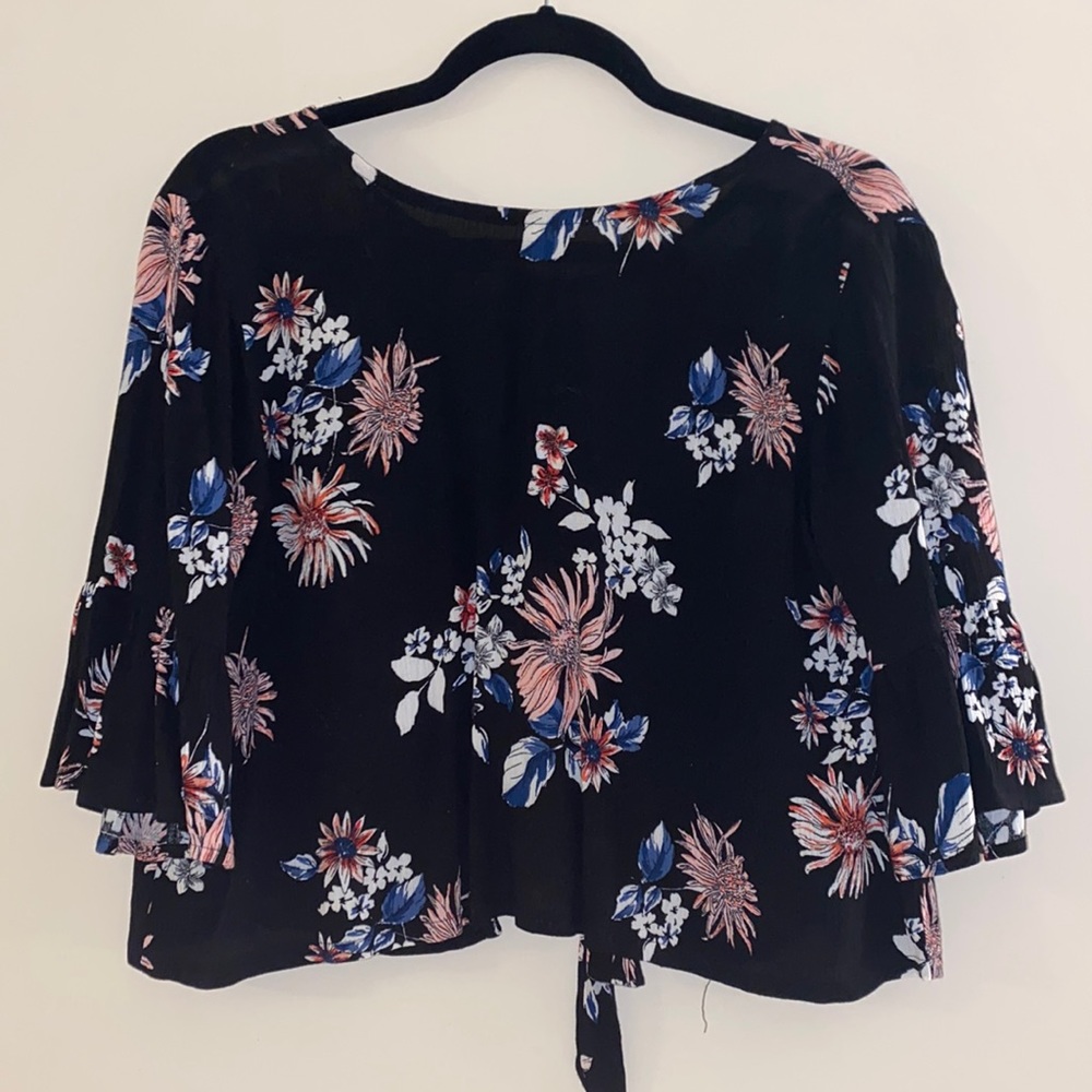Black and flower open back with ties blouse